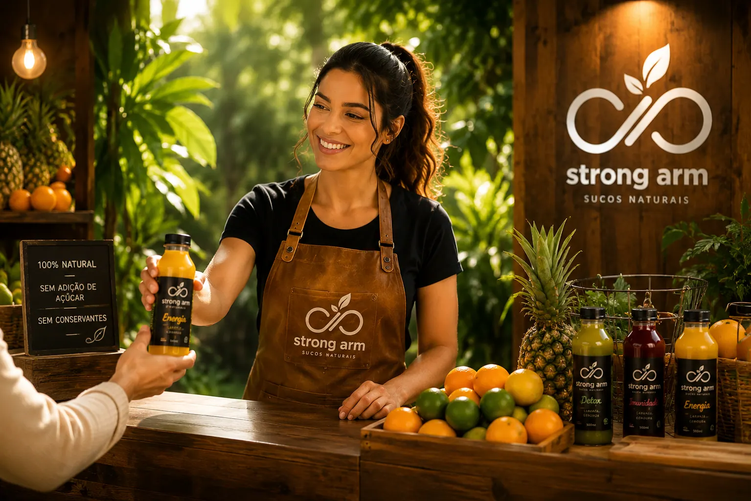 Atendente da DP Strong Arm entregando suco natural em uma bancada com frutas
